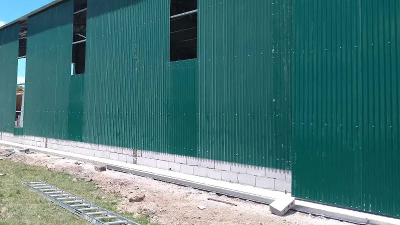 Otro ángulo: galpón largo de chapa verde con ventanas altas a lo largo del lateral