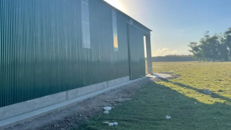 Otro ángulo: lateral de galpón de chapa verde apoyado sobre una platea de hormigón